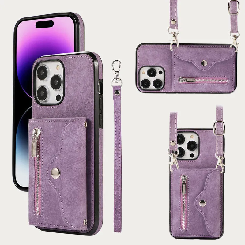 iPhone 16/15/14/13 Casual Zipper Cellphone Protective Case with Card Slot