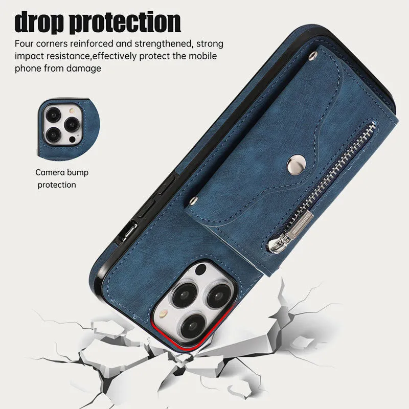 iPhone 16/15/14/13 Casual Zipper Cellphone Protective Case with Card Slot