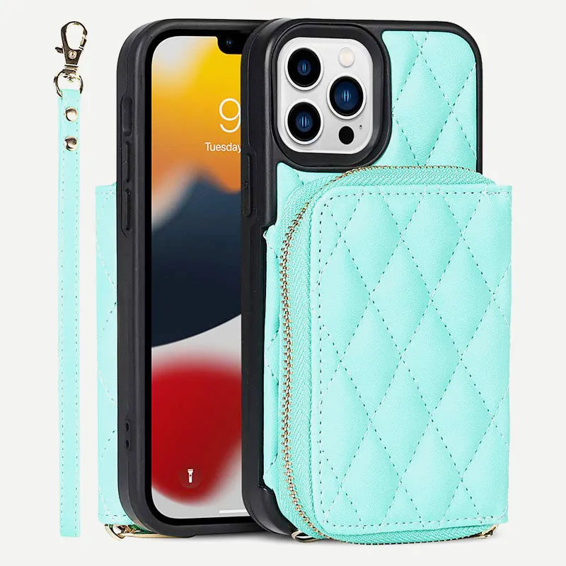 iPhone Phone Case Quilted Leather Wallet Case Card Holder with Crossbody Strap