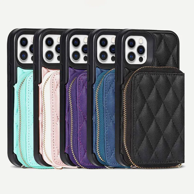 iPhone Phone Case Quilted Leather Wallet Case Card Holder with Crossbody Strap