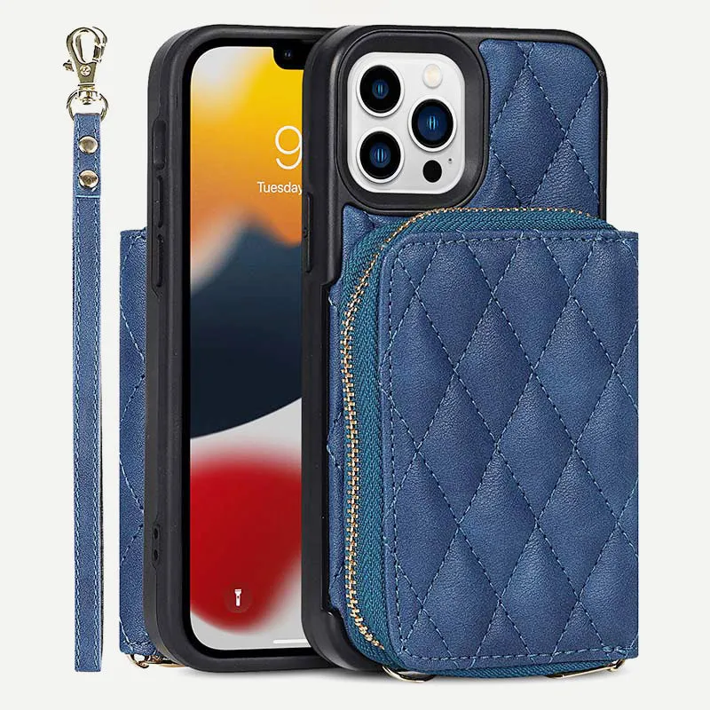 iPhone Phone Case Quilted Leather Wallet Case Card Holder with Crossbody Strap