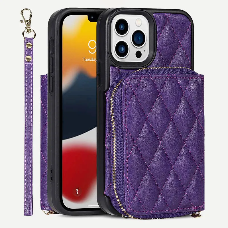 iPhone Phone Case Quilted Leather Wallet Case Card Holder with Crossbody Strap