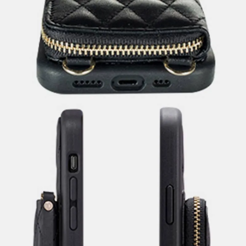 iPhone Phone Case Quilted Leather Wallet Case Card Holder with Crossbody Strap