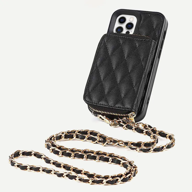 iPhone Phone Case Quilted Leather Wallet Case Card Holder with Crossbody Strap
