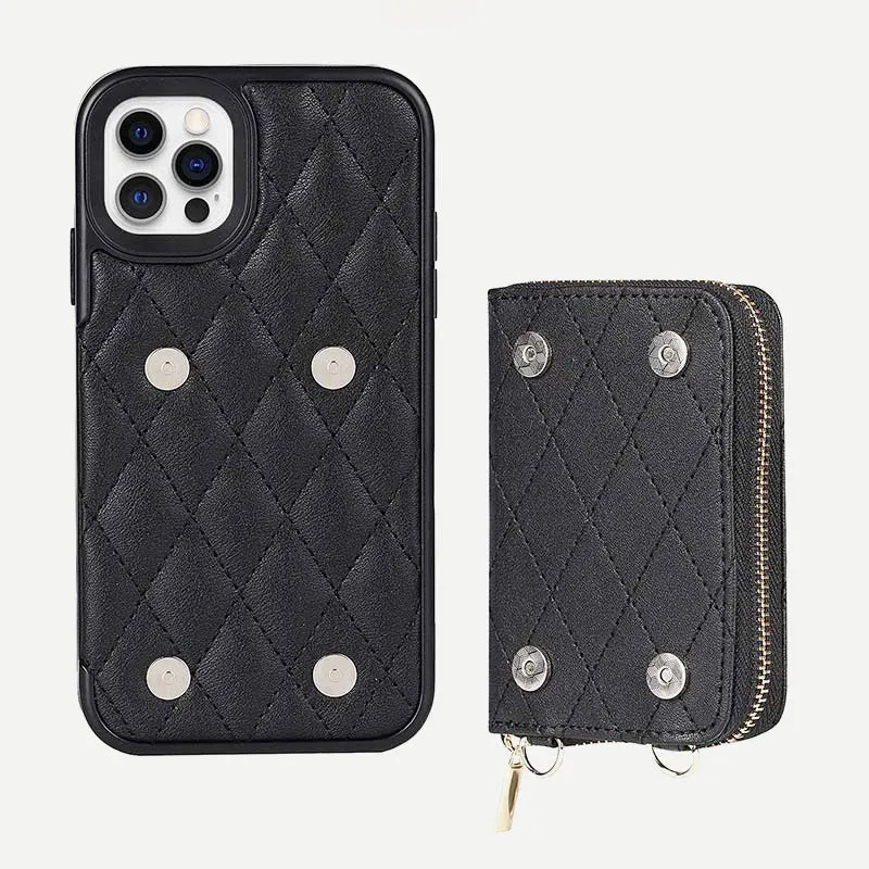 iPhone Phone Case Quilted Leather Wallet Case Card Holder with Crossbody Strap