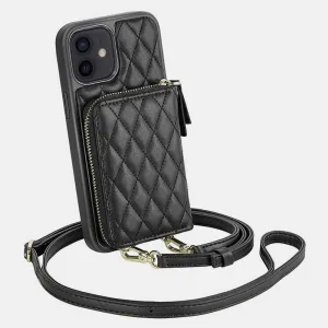 iPhone Phone Case Quilted Leather Wallet Case Card Holder with Crossbody Strap
