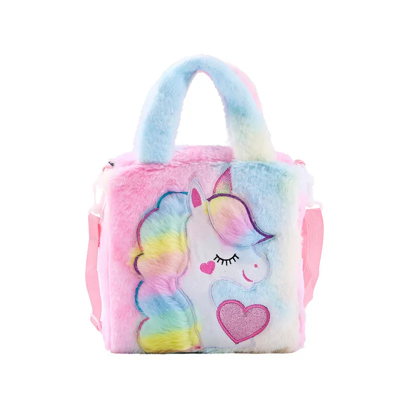 Kids Girls Cute Unicorn Cartoon Embroidery Plush Sling Bag