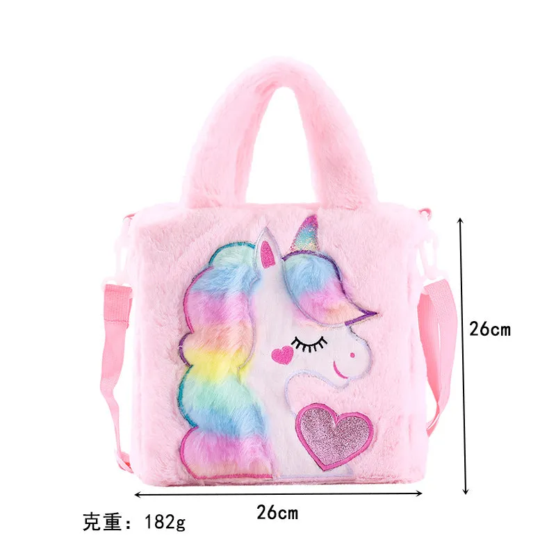 Kids Girls Cute Unicorn Cartoon Embroidery Plush Sling Bag