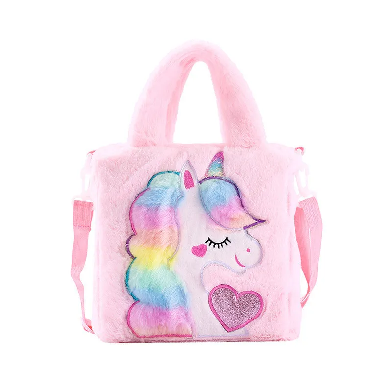 Kids Girls Cute Unicorn Cartoon Embroidery Plush Sling Bag