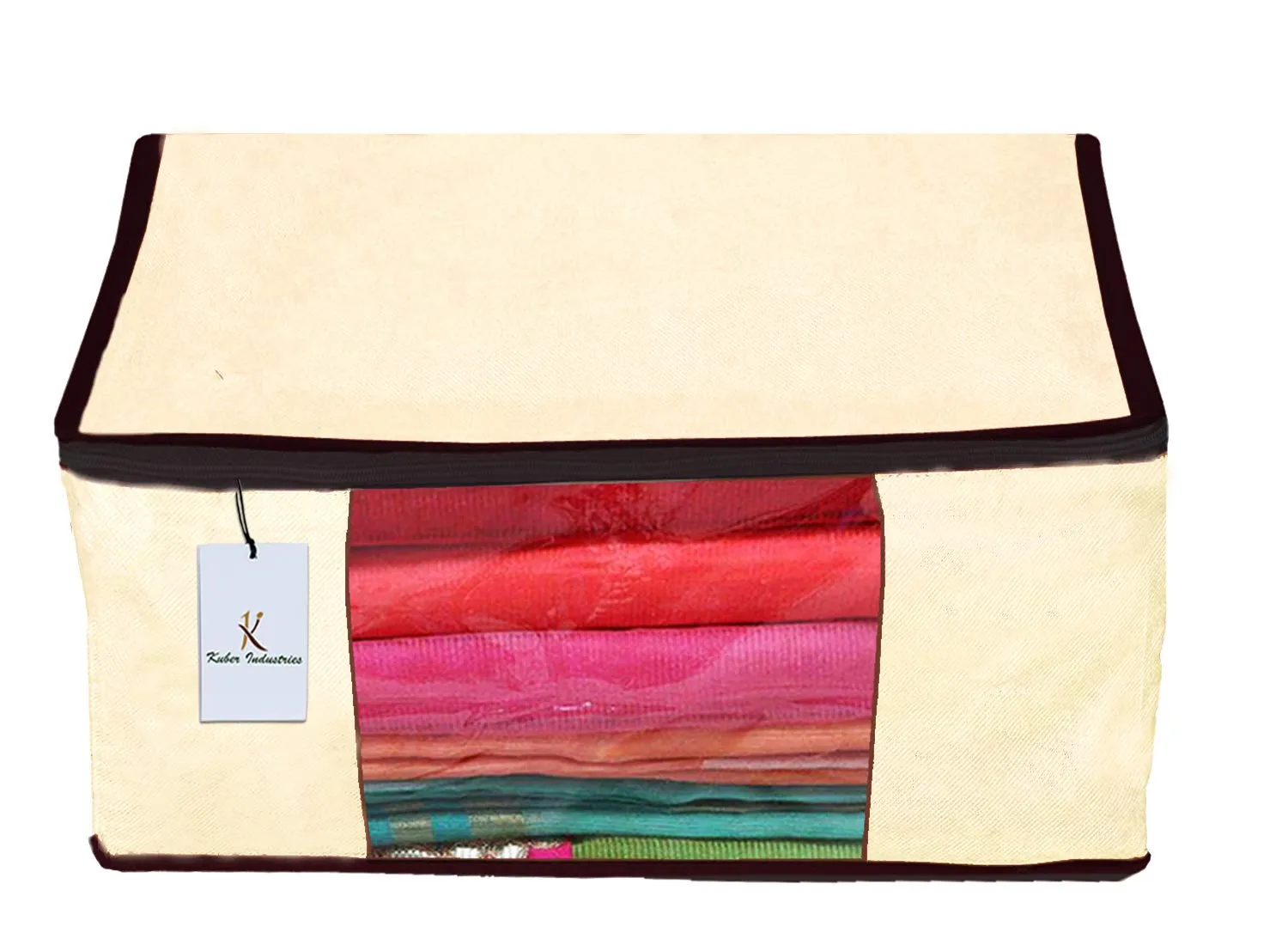Kuber Industries 3 Piece Non Woven Fabric Saree Cover Set with Transparent Window, Extra Large, Ivory