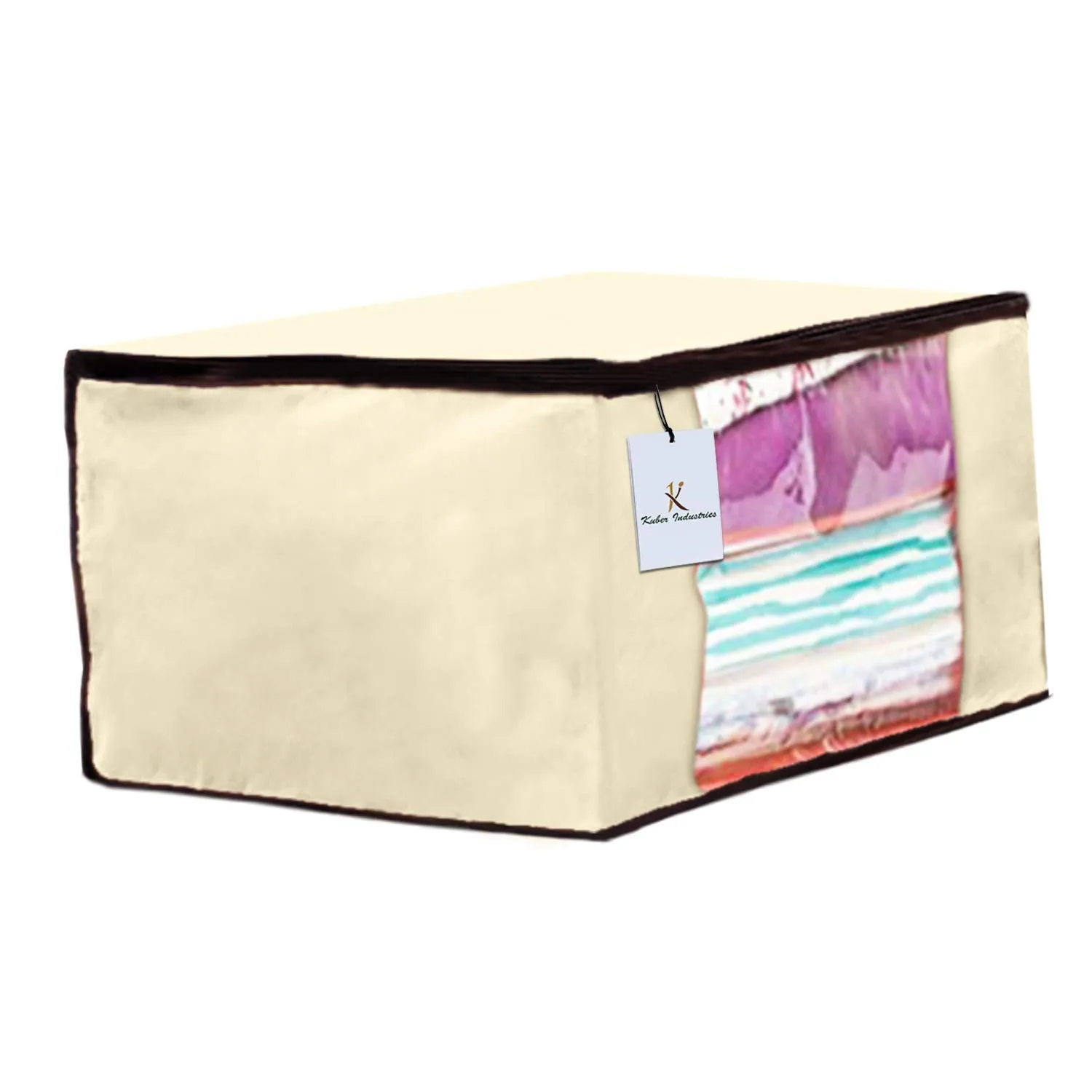 Kuber Industries 3 Piece Non Woven Fabric Saree Cover Set with Transparent Window, Extra Large, Ivory