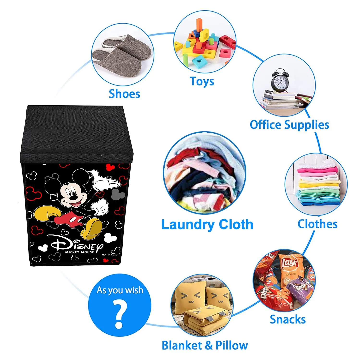 Kuber Industries Mickey Mouse Print Non-Woven Laundry Basket, Clothes Hamper For Laundry Closet, Bedroom, Bathroom With Lid & Handles (Black) 54KM4083