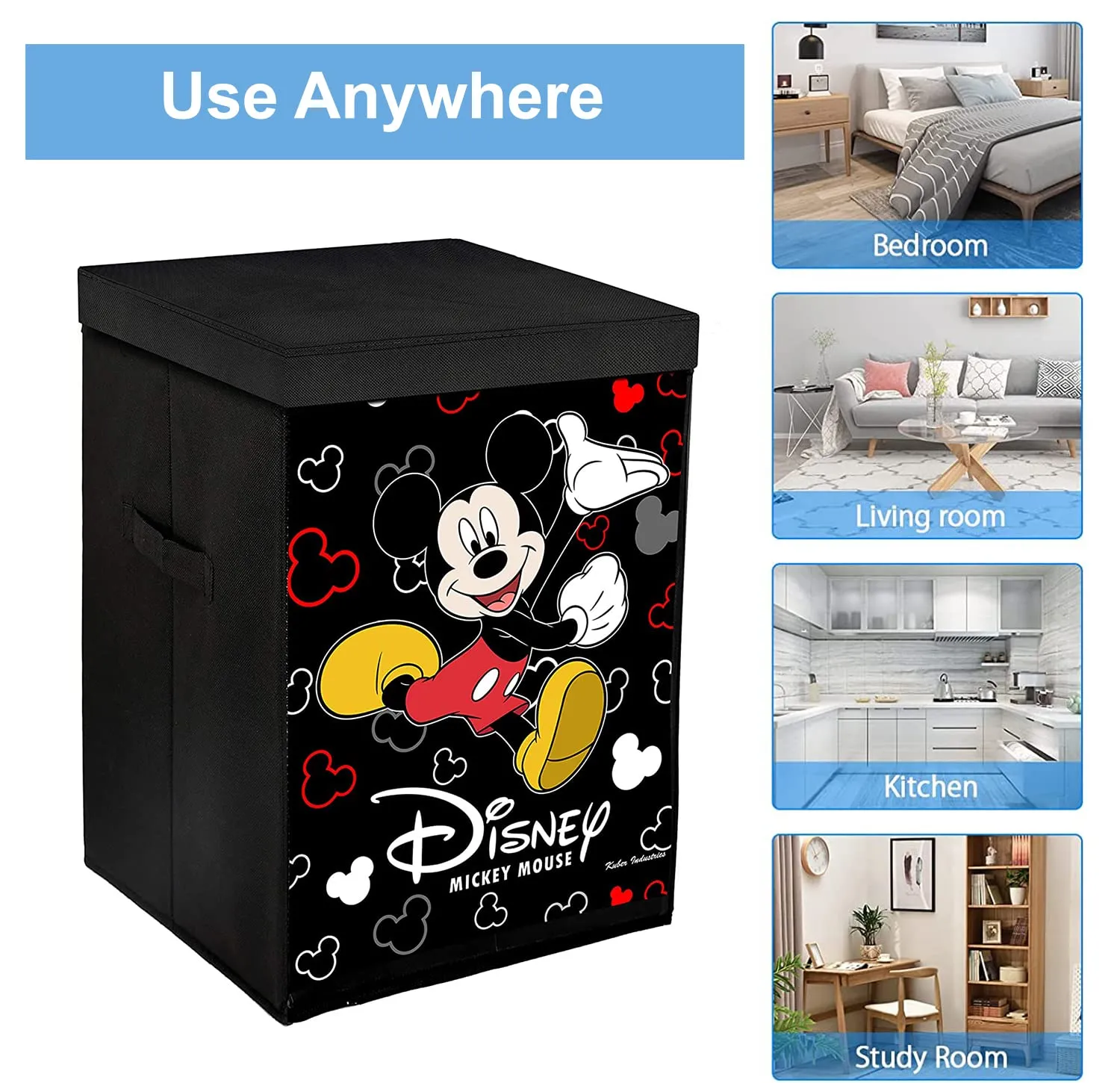 Kuber Industries Mickey Mouse Print Non-Woven Laundry Basket, Clothes Hamper For Laundry Closet, Bedroom, Bathroom With Lid & Handles (Black) 54KM4083