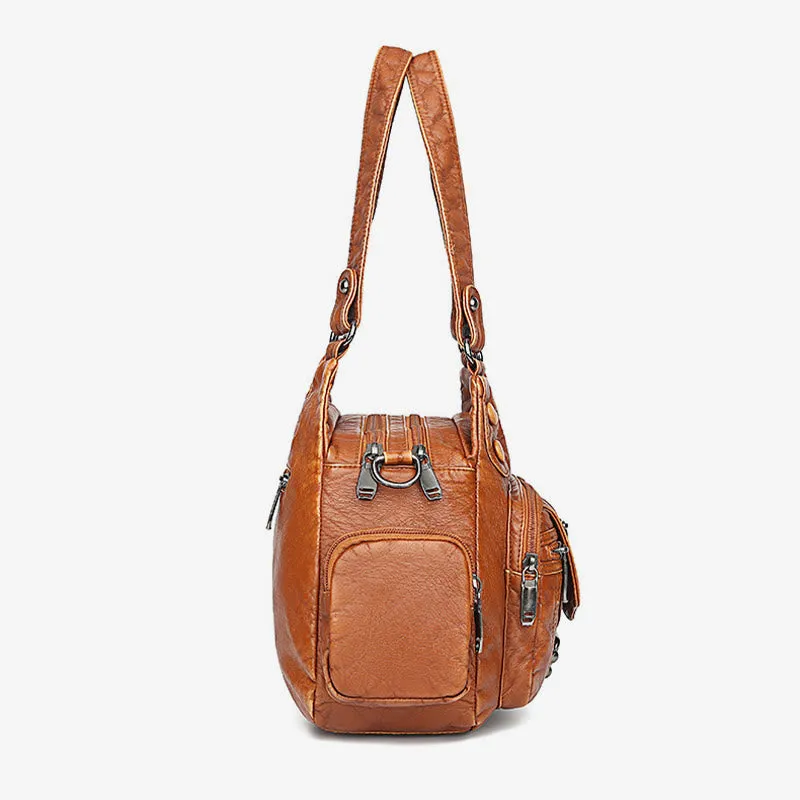 Large Shoulder Bag Women Double Compartment Leather Stitching Crossbody Purse
