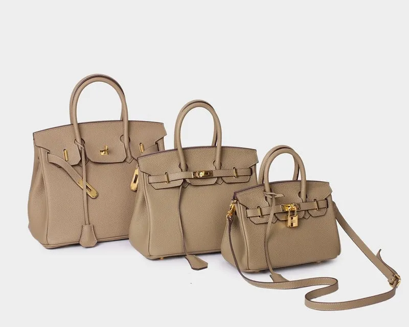 Leather Padlock Tote Handbag Gold Hardware