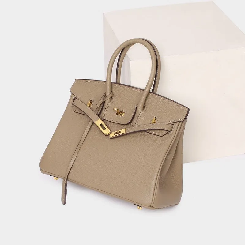 Leather Padlock Tote Handbag Gold Hardware