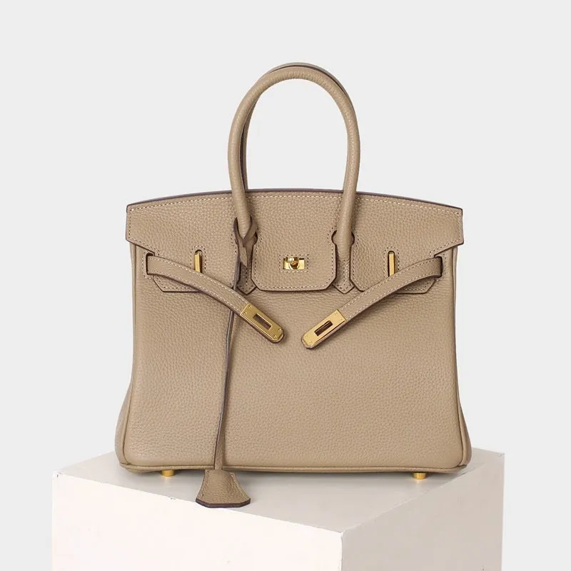 Leather Padlock Tote Handbag Gold Hardware