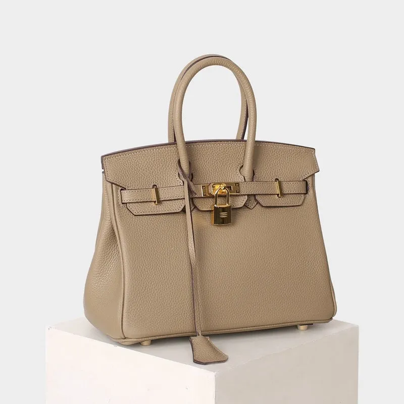 Leather Padlock Tote Handbag Gold Hardware