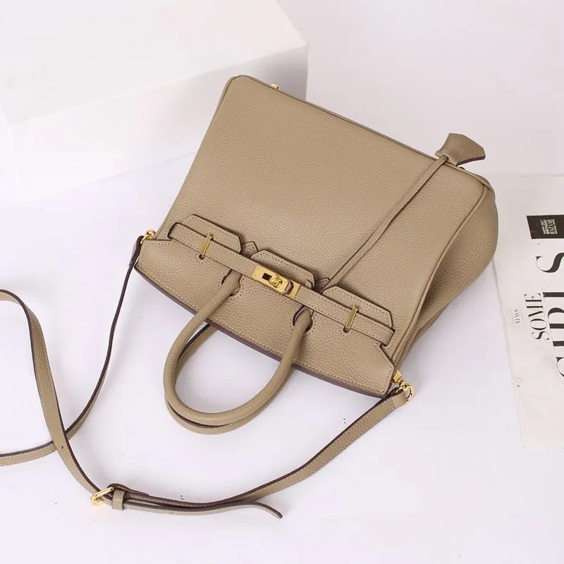Leather Padlock Tote Handbag Gold Hardware
