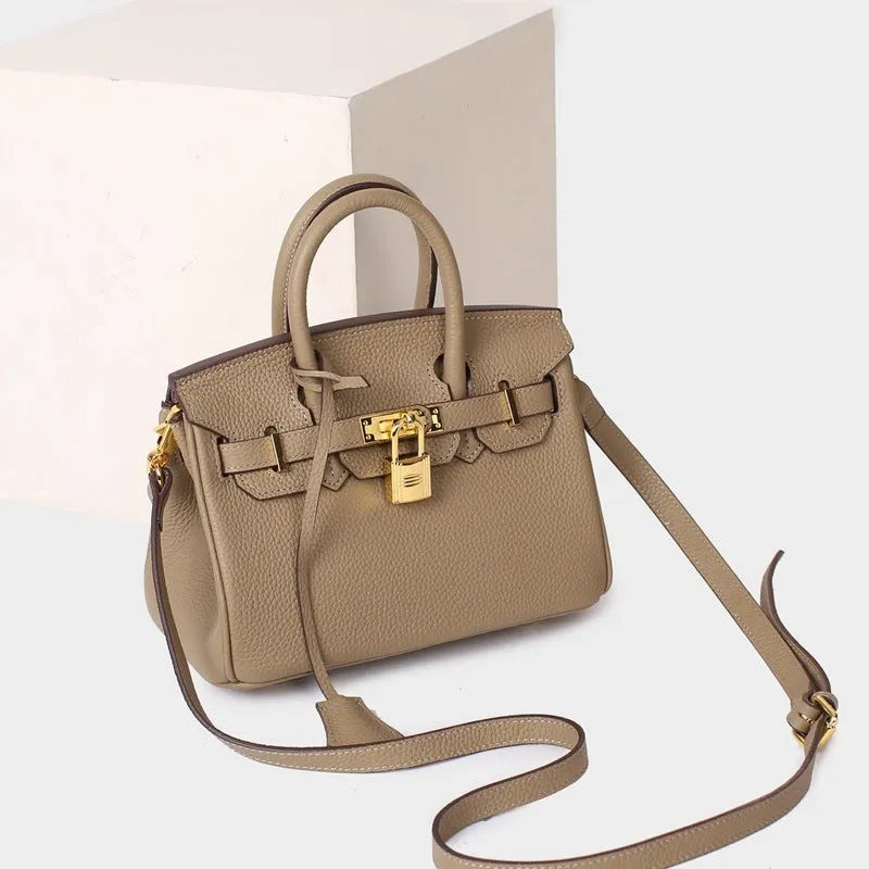 Leather Padlock Tote Handbag Gold Hardware