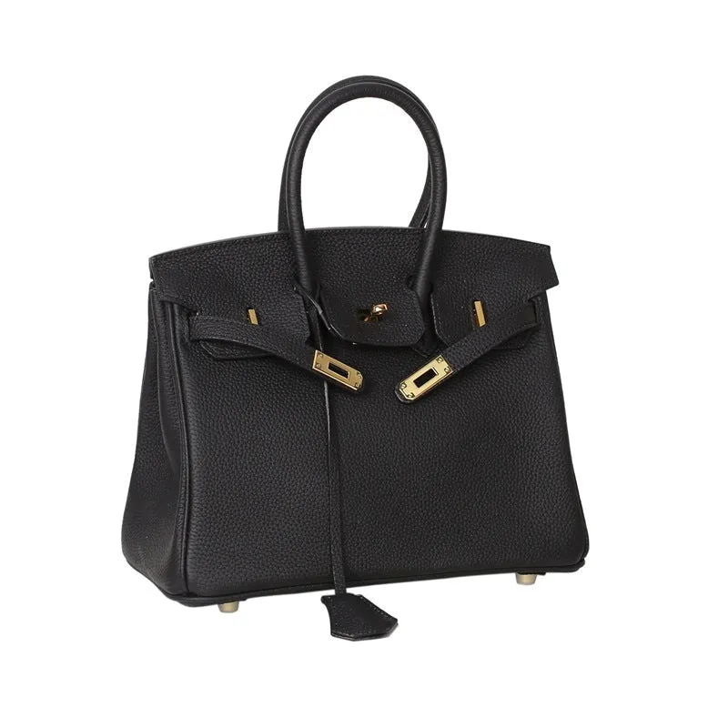 Leather Padlock Tote Handbag Gold Hardware