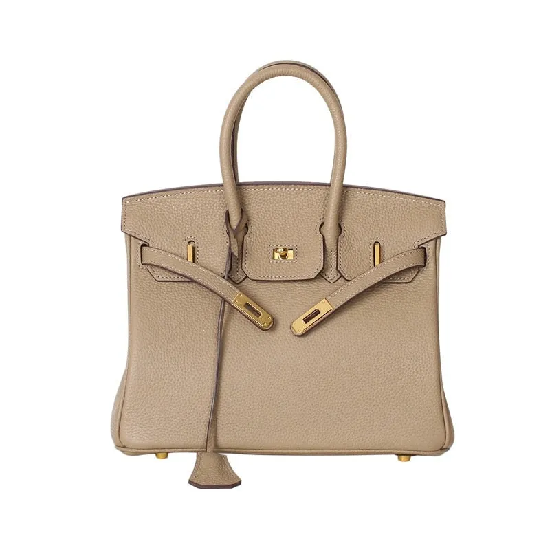 Leather Padlock Tote Handbag Gold Hardware