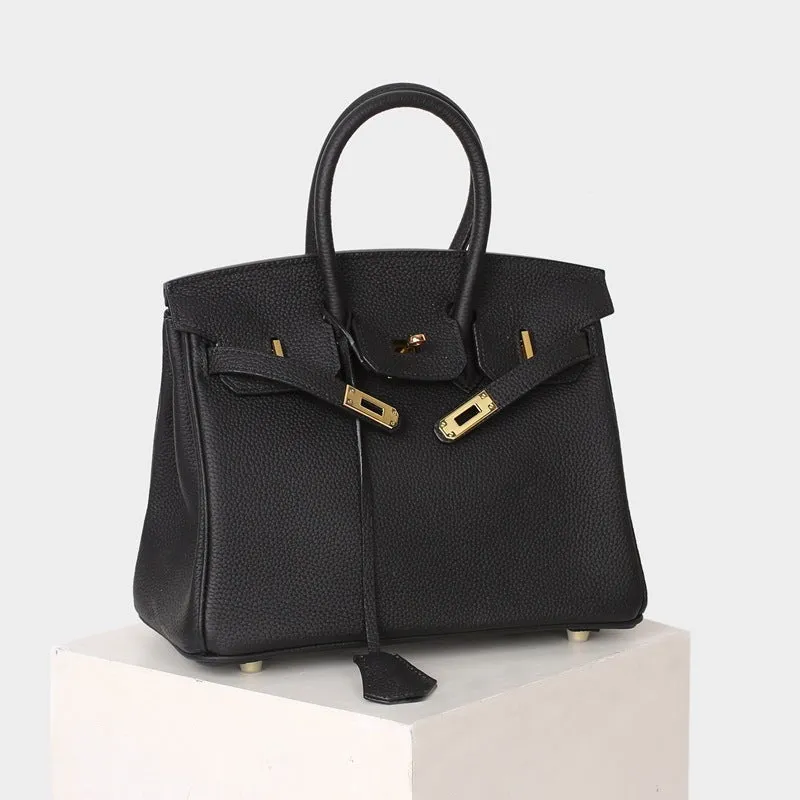 Leather Padlock Tote Handbag Gold Hardware