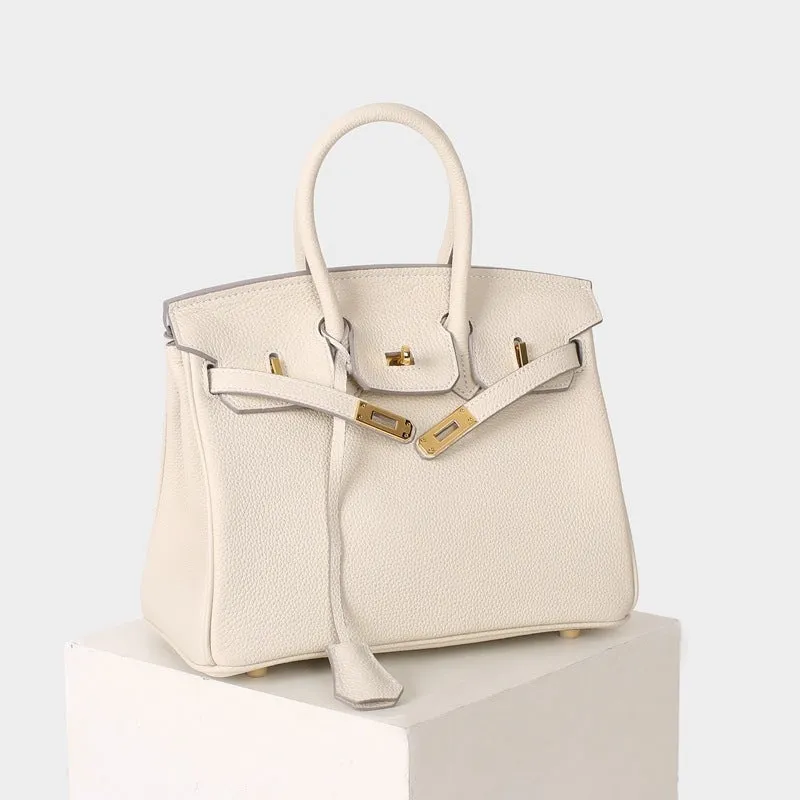 Leather Padlock Tote Handbag Gold Hardware
