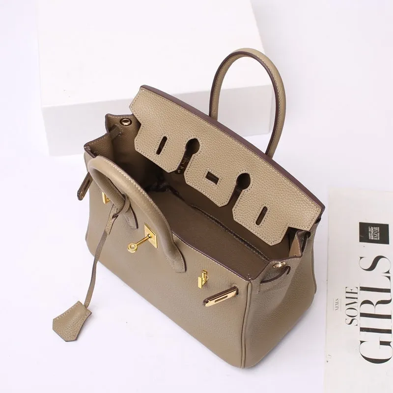 Leather Padlock Tote Handbag Gold Hardware