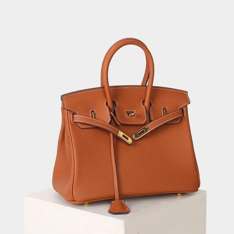 Leather Padlock Tote Handbag Gold Hardware
