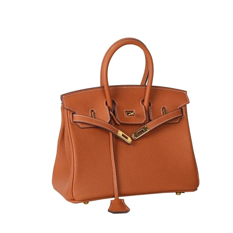 Leather Padlock Tote Handbag Gold Hardware