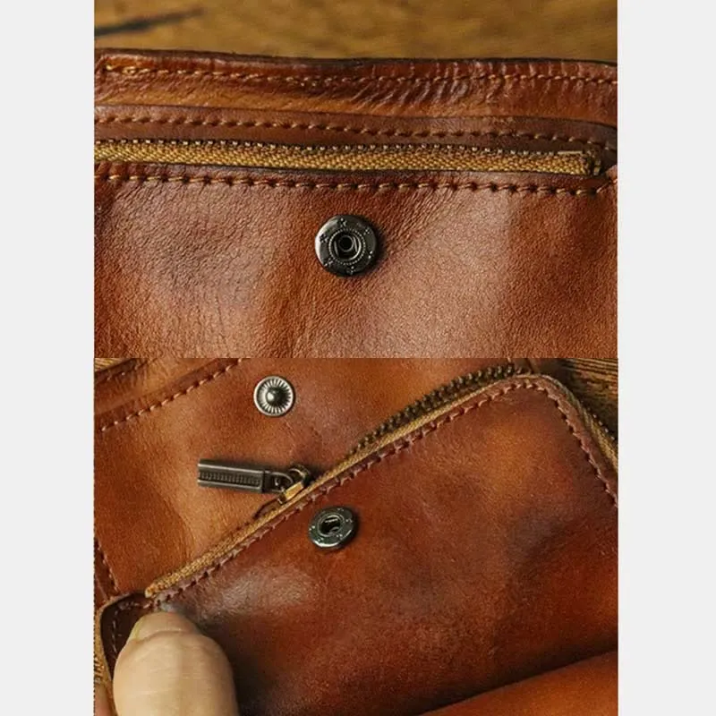 Leather Wallet For Men Double Folding Vintage Short Zipper Purse