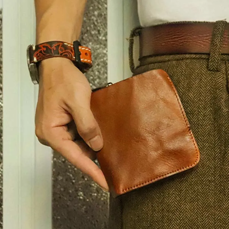 Leather Wallet For Men Double Folding Vintage Short Zipper Purse