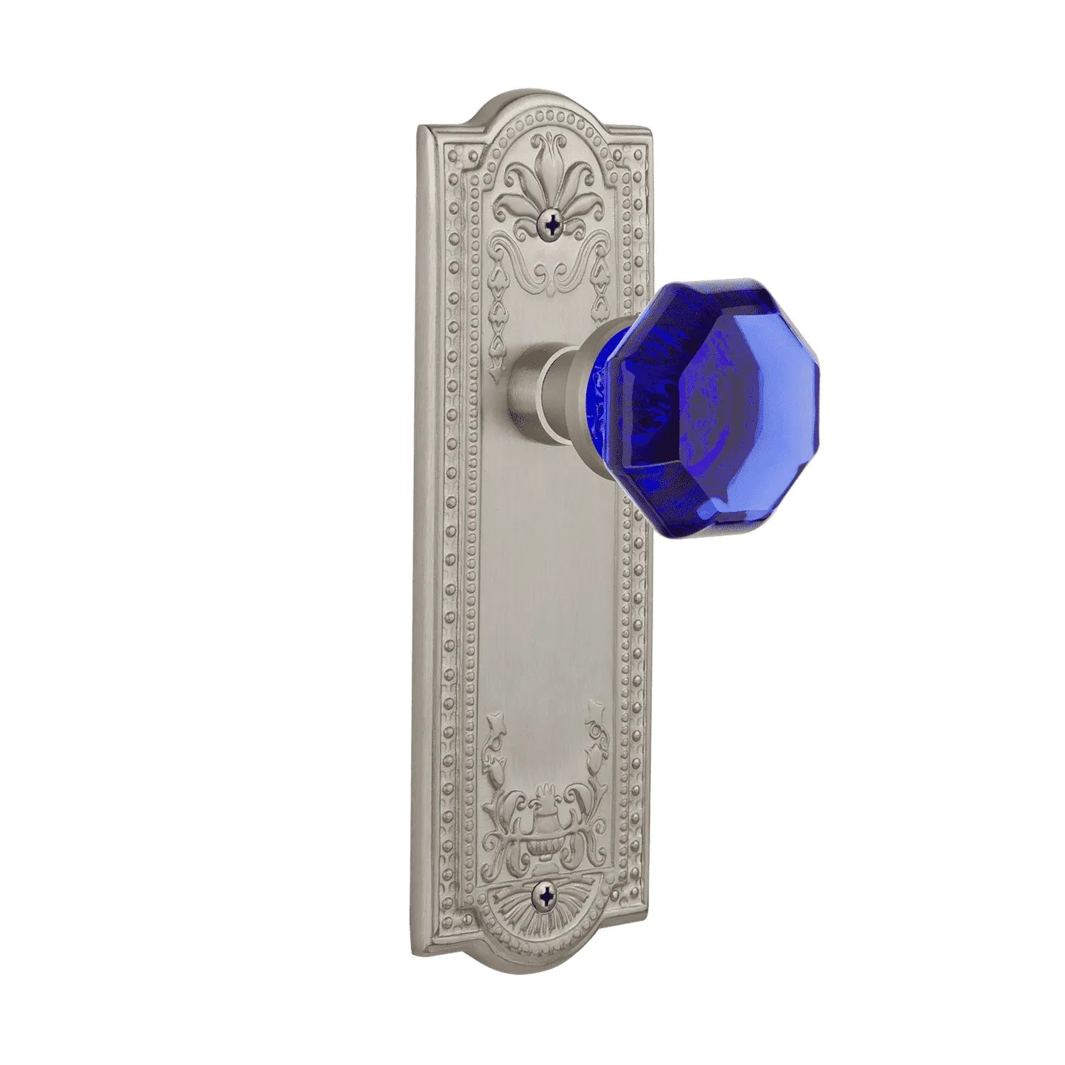 Meadows Long Plate with Cobalt Waldorf Knob in Satin Nickel