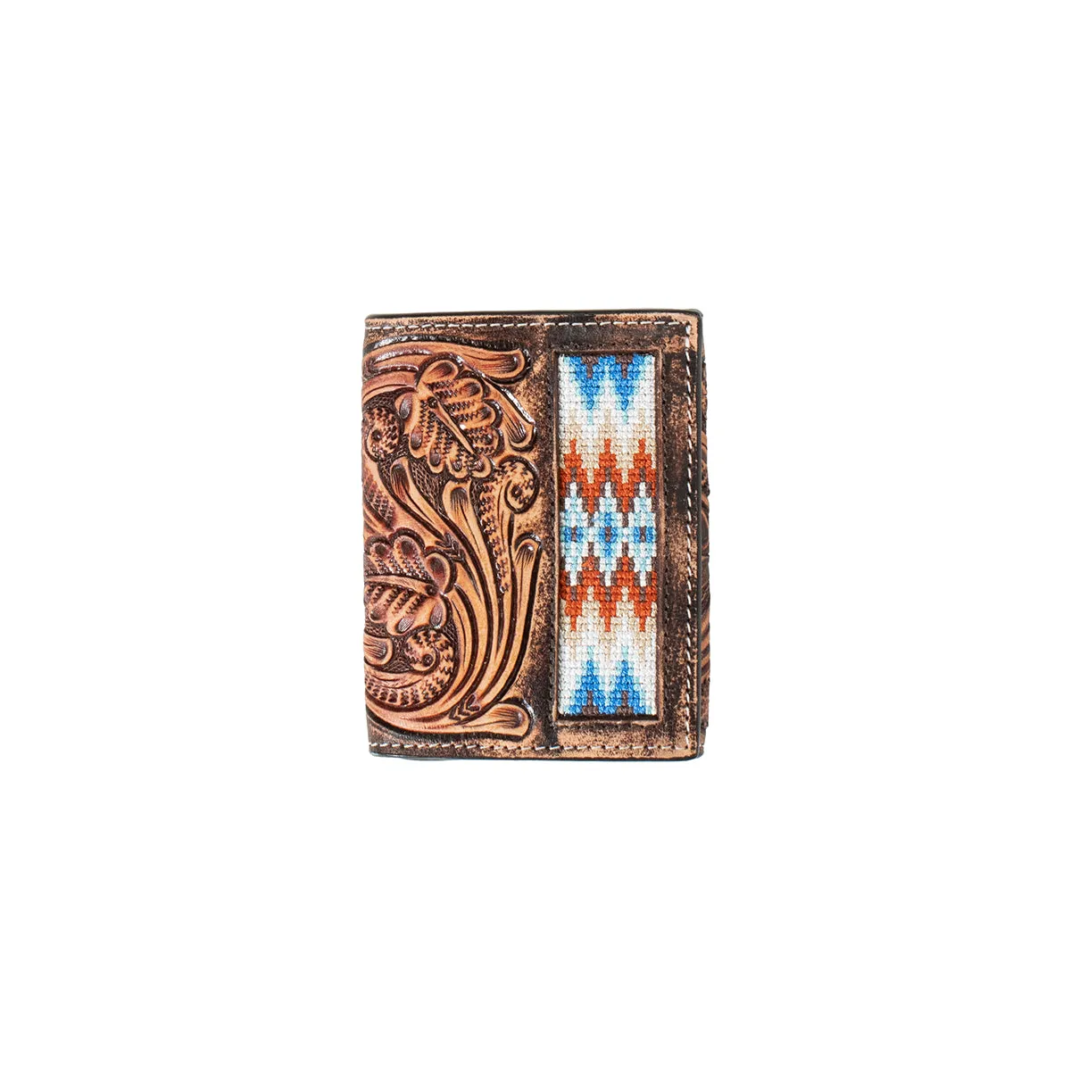 MENS 3D TRIFOLD TOOLED SCROLL W/ EMBROIDERED INLAY WALLET