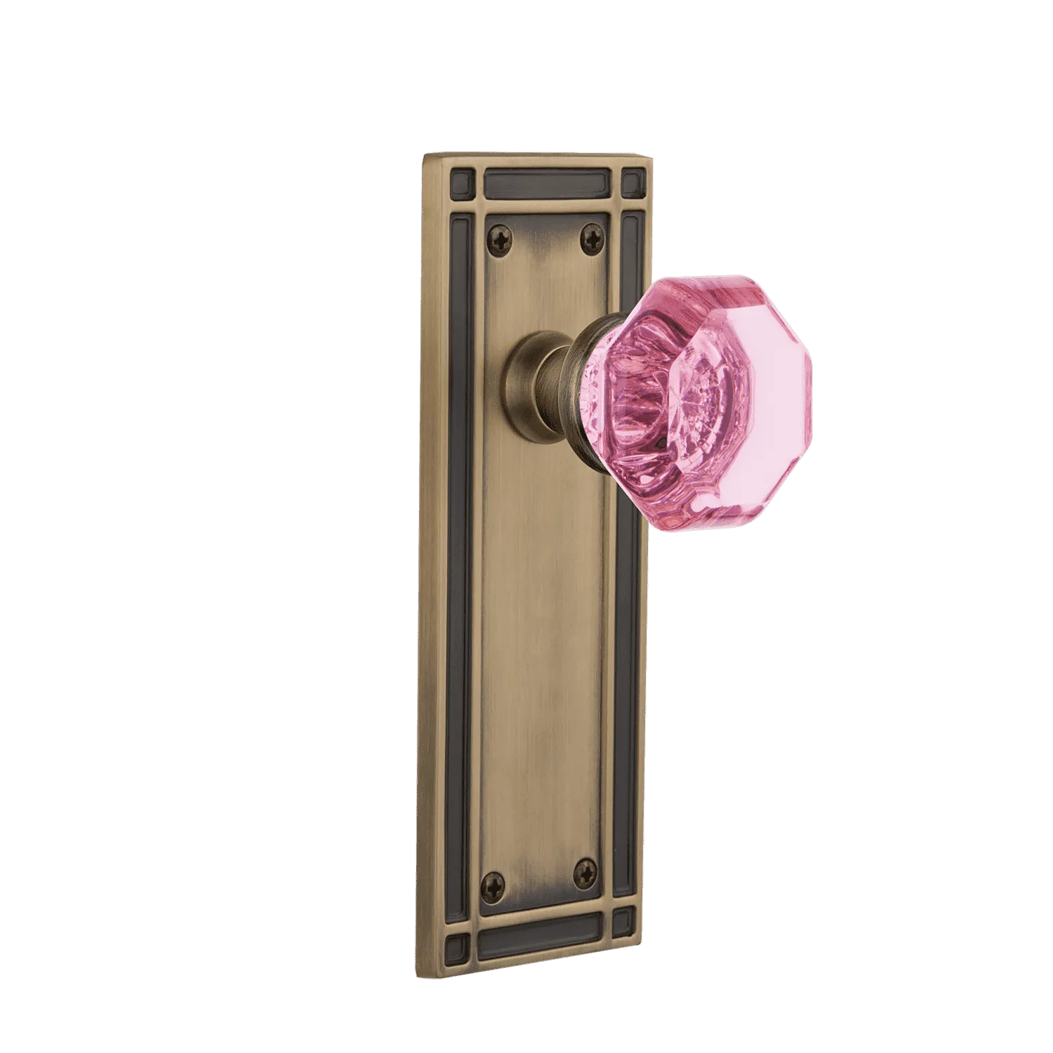 Mission Long Plate with Pink Waldorf Knob in Antique Brass