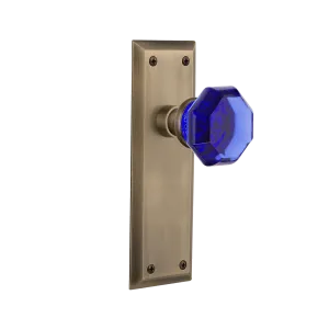 New York Long Plate with Cobalt Waldorf Knob in Antique Brass