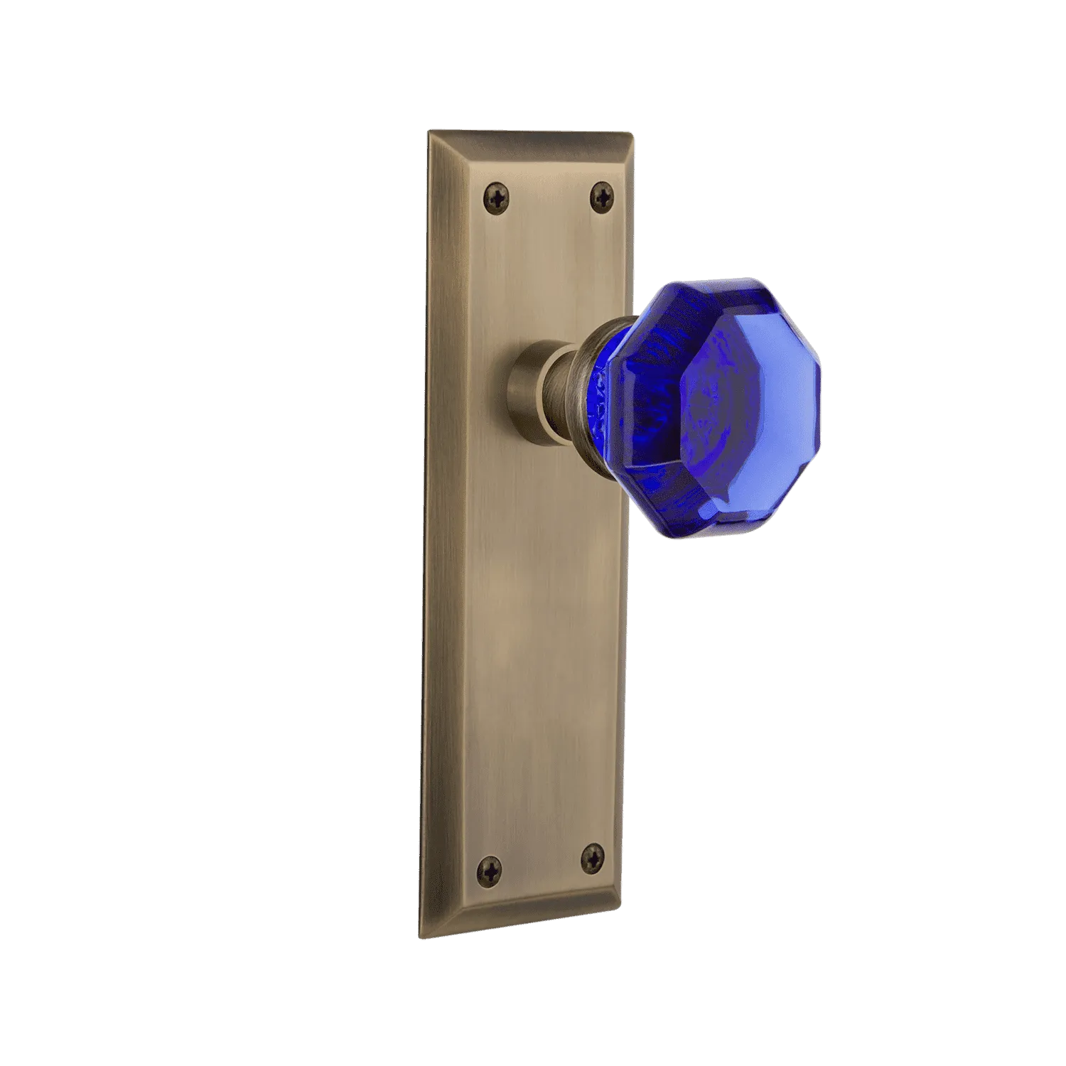 New York Long Plate with Cobalt Waldorf Knob in Antique Brass