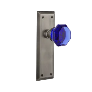 New York Long Plate with Cobalt Waldorf Knob in Antique Pewter