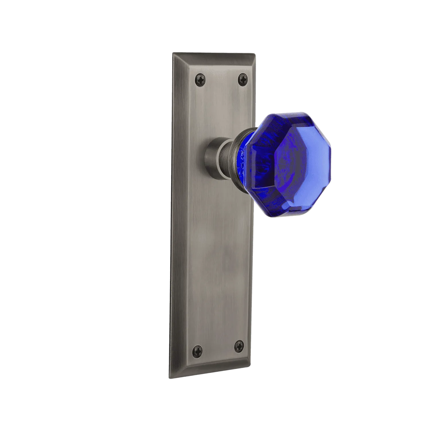 New York Long Plate with Cobalt Waldorf Knob in Antique Pewter