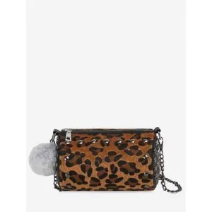 Pompom Studs Chain Crossbody Bag - Leopard Gold Color Lens