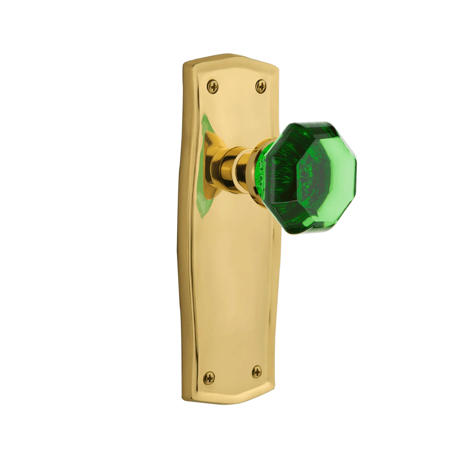 Prairie Long Plate with Emerald Waldorf Knob in Unlacquered Brass