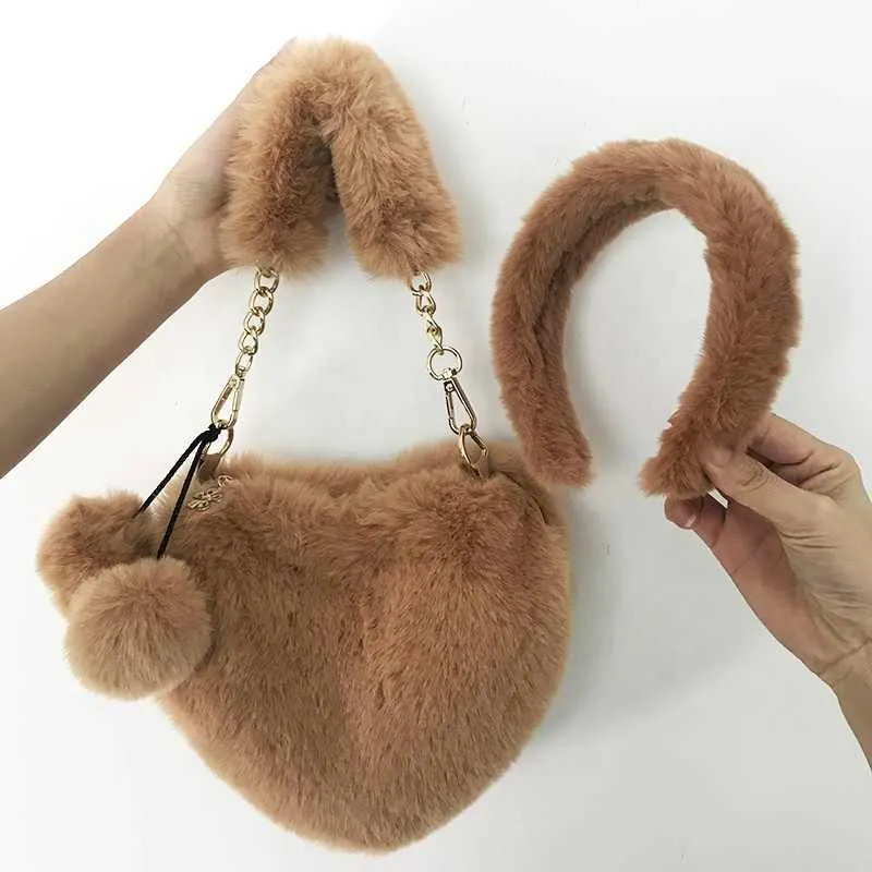 Pretty Luxury Fuzzy fur headband heart handbag set