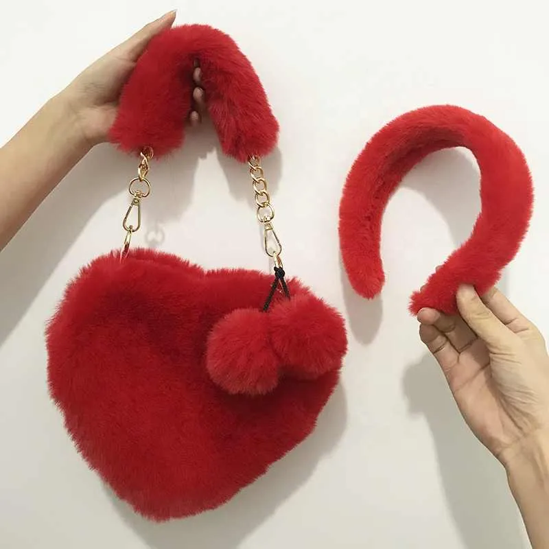 Pretty Luxury Fuzzy fur headband heart handbag set