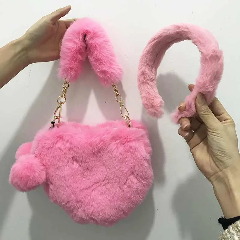 Pretty Luxury Fuzzy fur headband heart handbag set