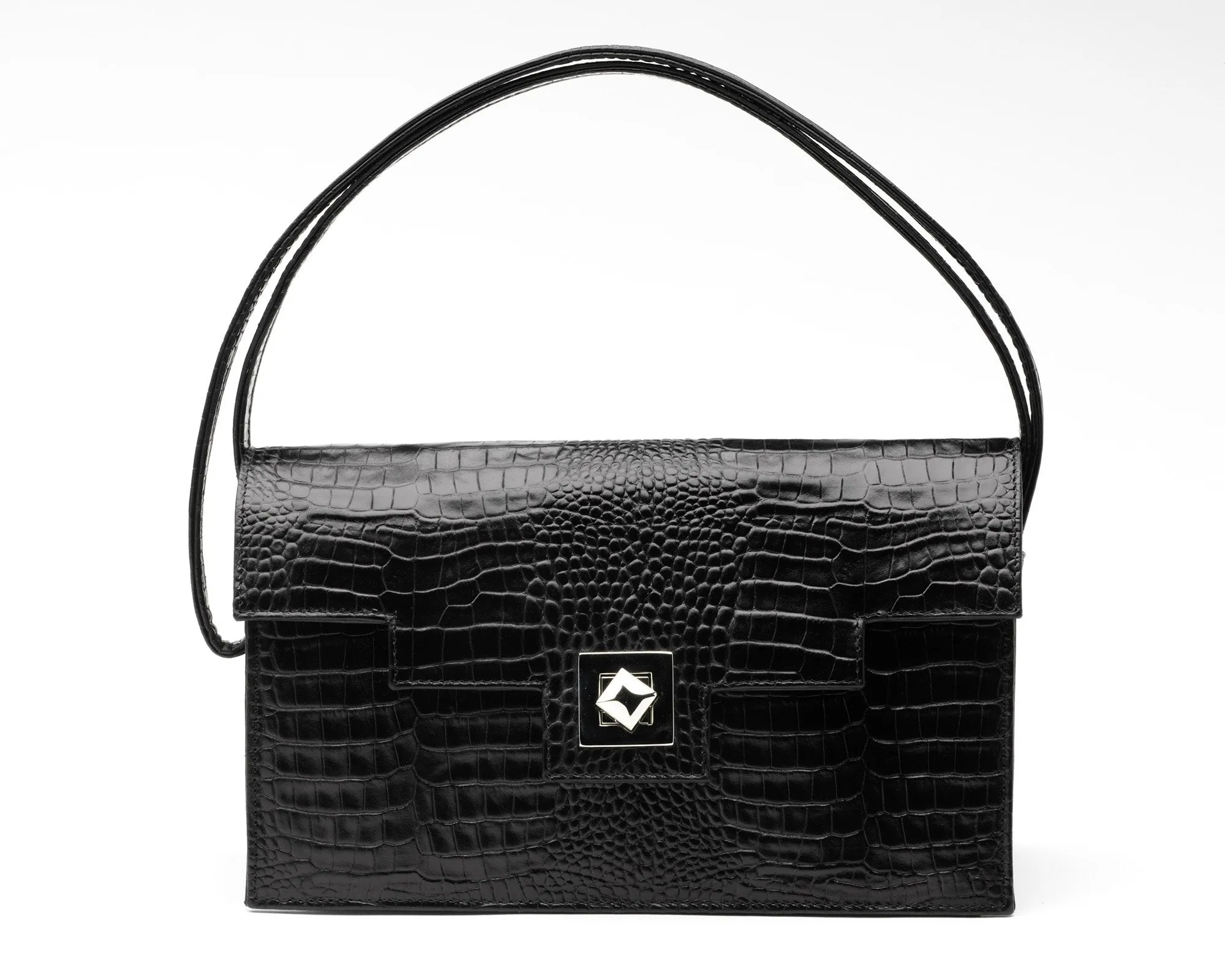 Quoin Handbag - Medium - Black Croc with additional Flap