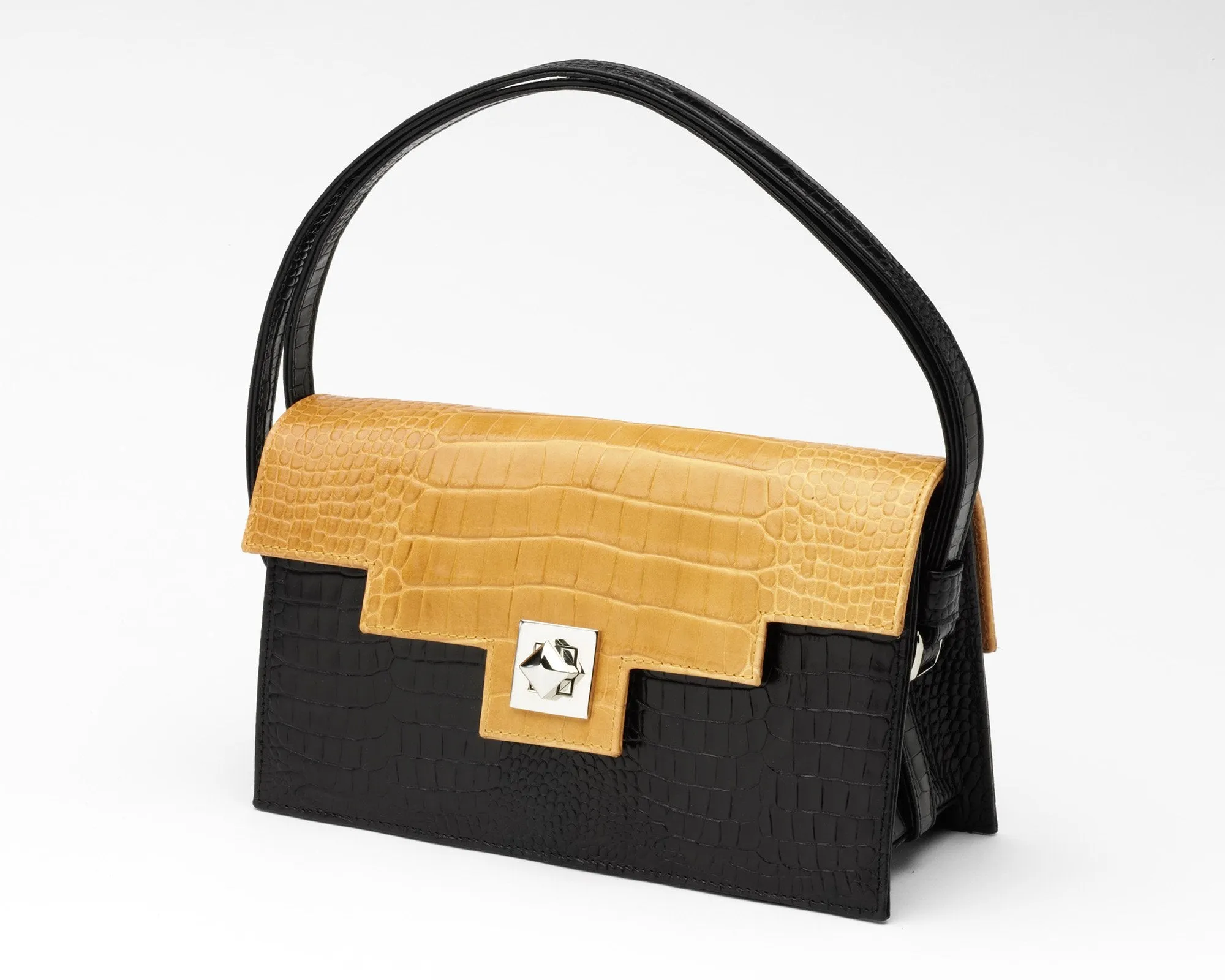 Quoin Handbag - Medium - Black Croc with additional Flap