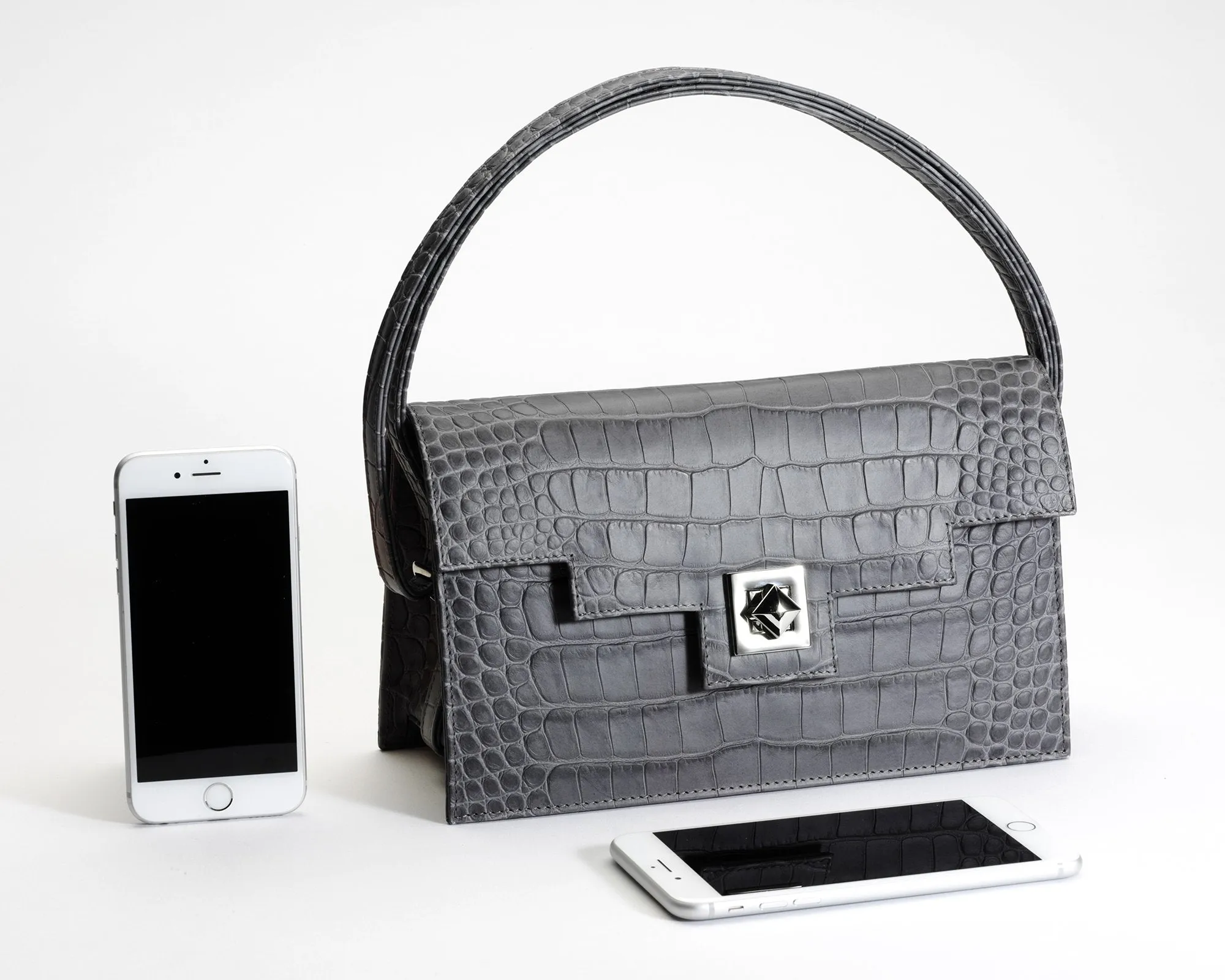 Quoin Handbag - Medium - Black Croc with additional Flap
