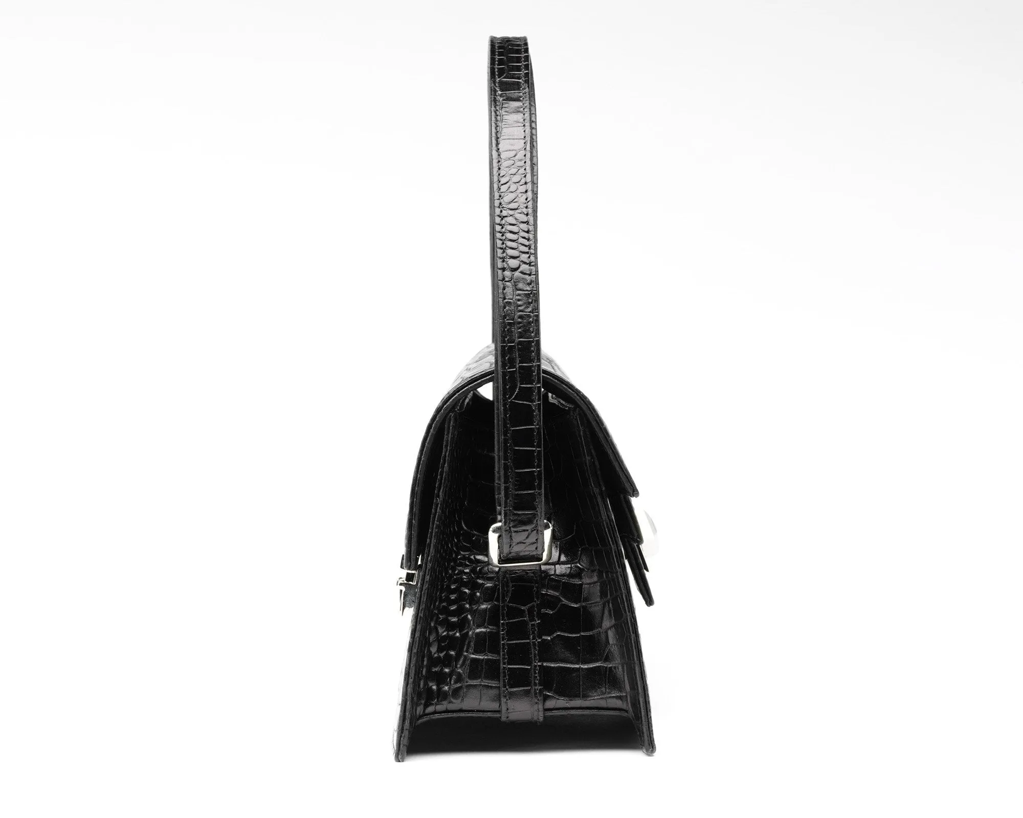 Quoin Handbag - Medium - Black Croc with additional Flap