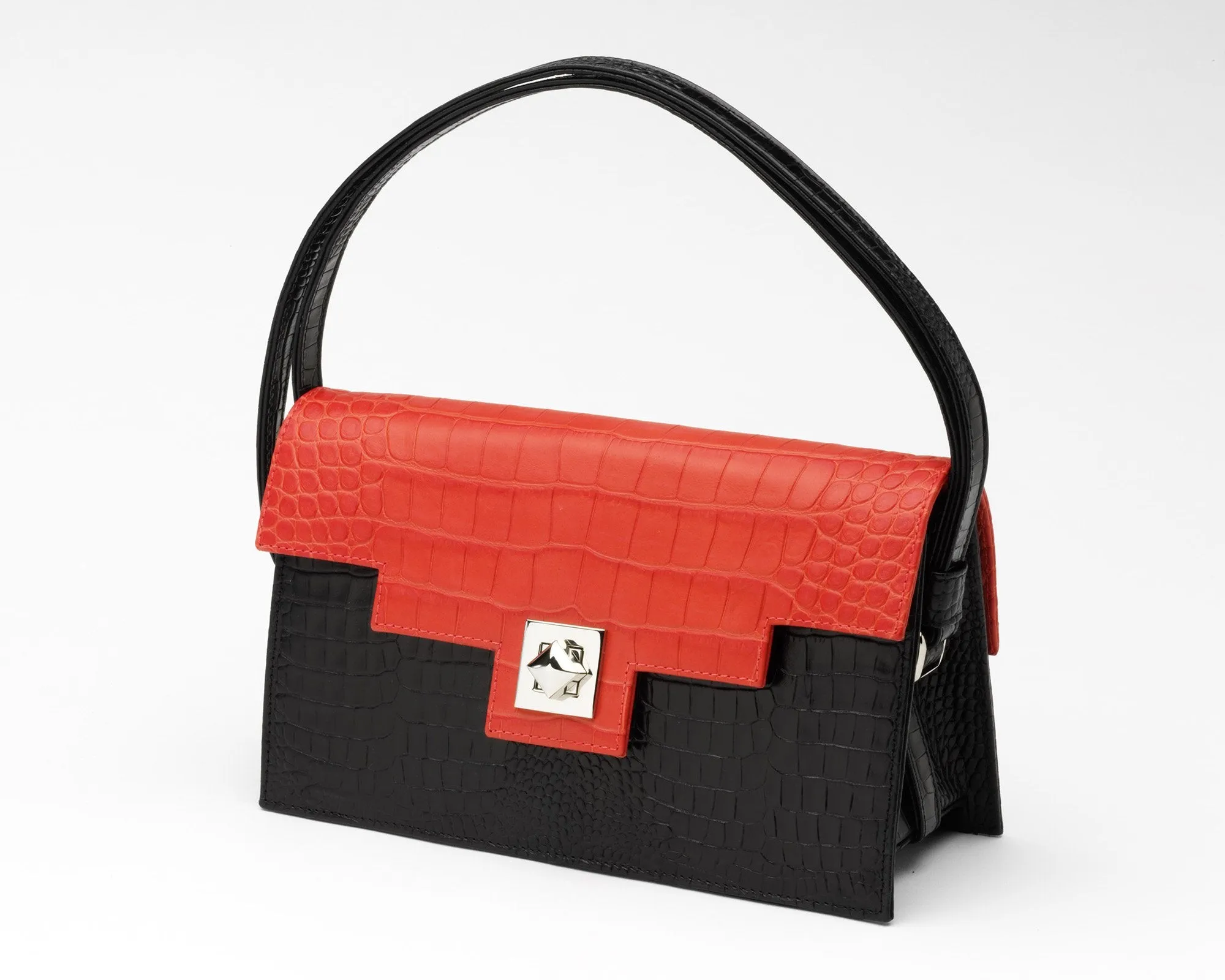 Quoin Handbag - Medium - Black Croc with additional Flap